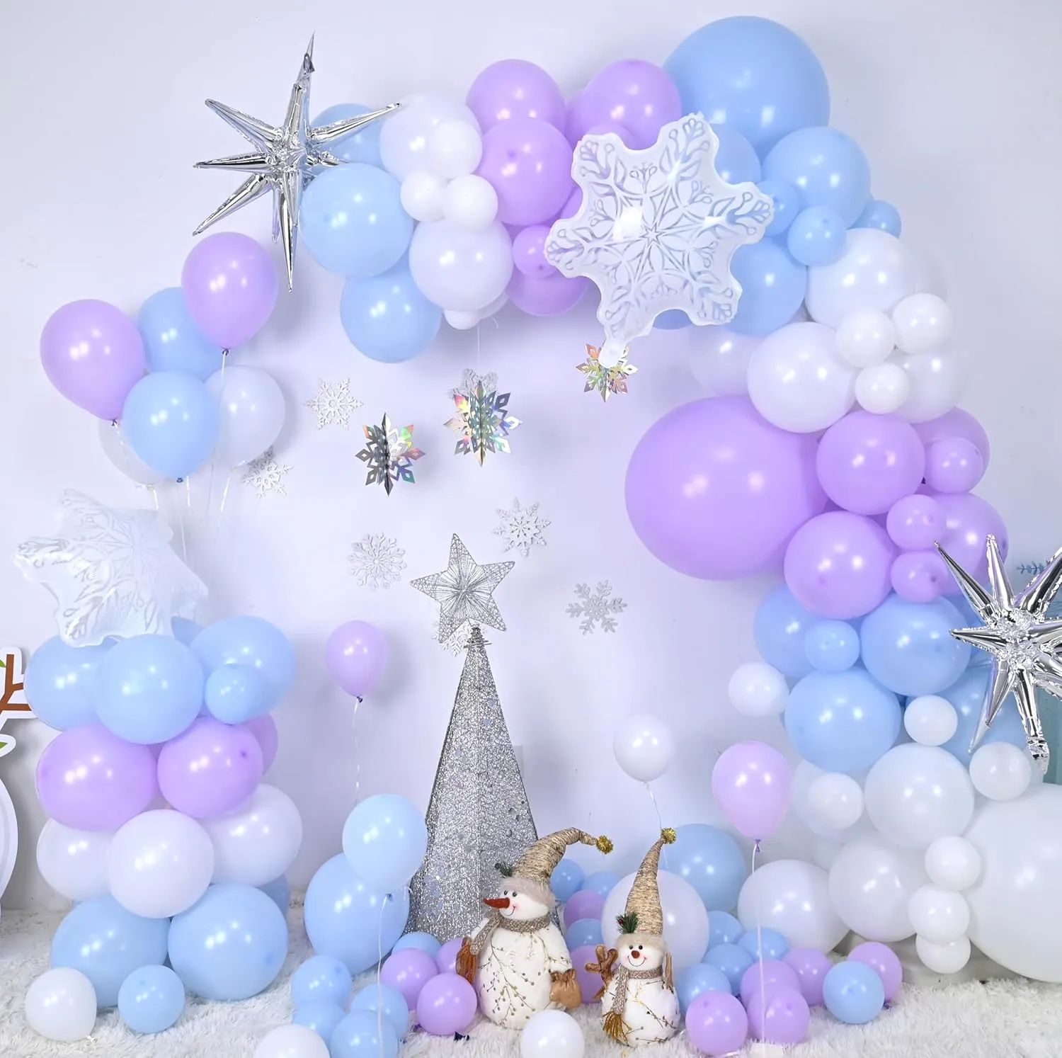 Winter Wonderland Balloon Arch Garland Kit, Baby Blue Purple Balloons with Spike Star Snowflake Foil Balloons for Ice Wonderland Christmas Baby Shower Snow Princess Birthday Party Decorations Supplies