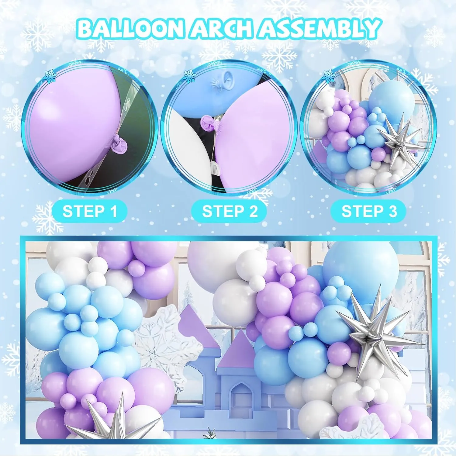 Winter Wonderland Balloon Arch Garland Kit, Baby Blue Purple Balloons with Spike Star Snowflake Foil Balloons for Ice Wonderland Christmas Baby Shower Snow Princess Birthday Party Decorations Supplies
