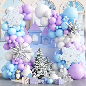 Winter Wonderland Balloon Arch Garland Kit, Baby Blue Purple Balloons with Spike Star Snowflake Foil Balloons for Ice Wonderland Christmas Baby Shower Snow Princess Birthday Party Decorations Supplies
