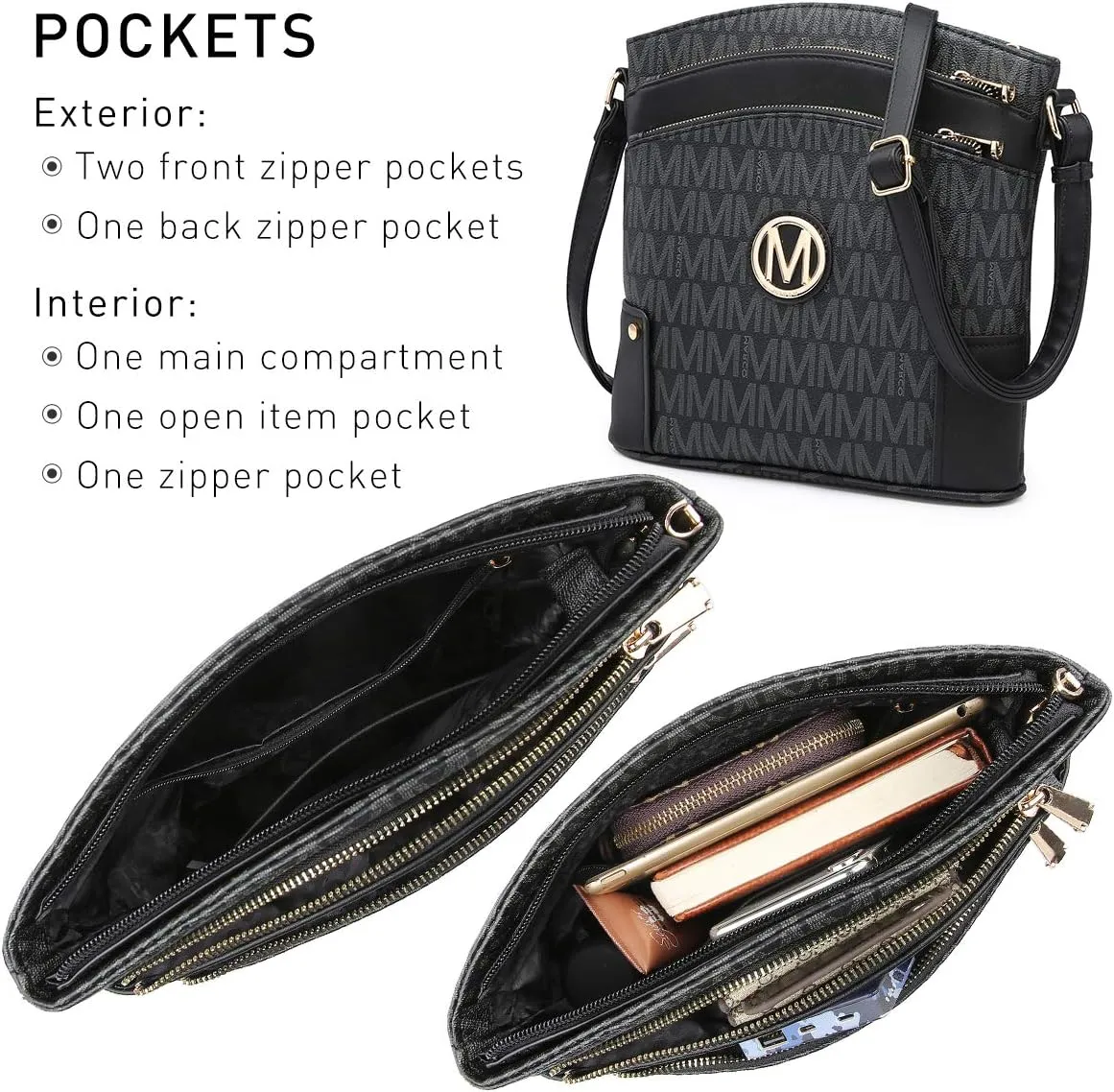 Women Crossbody Purses Multi Pockets Large Signature Monogram Zip Shoulder Bags Ladies PU Leather Handbag