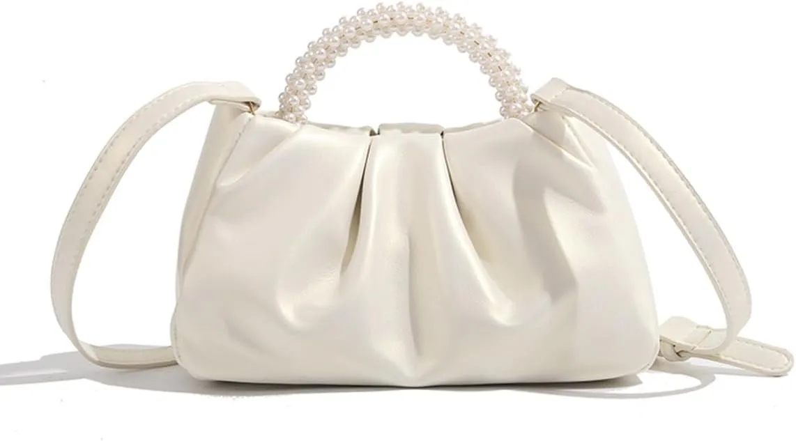 Women Evening Purse, Women Small Pearl Evening Handbags Soft Leather Ruched Clutch Crossbody Shoulder Bag for Party/Wedding