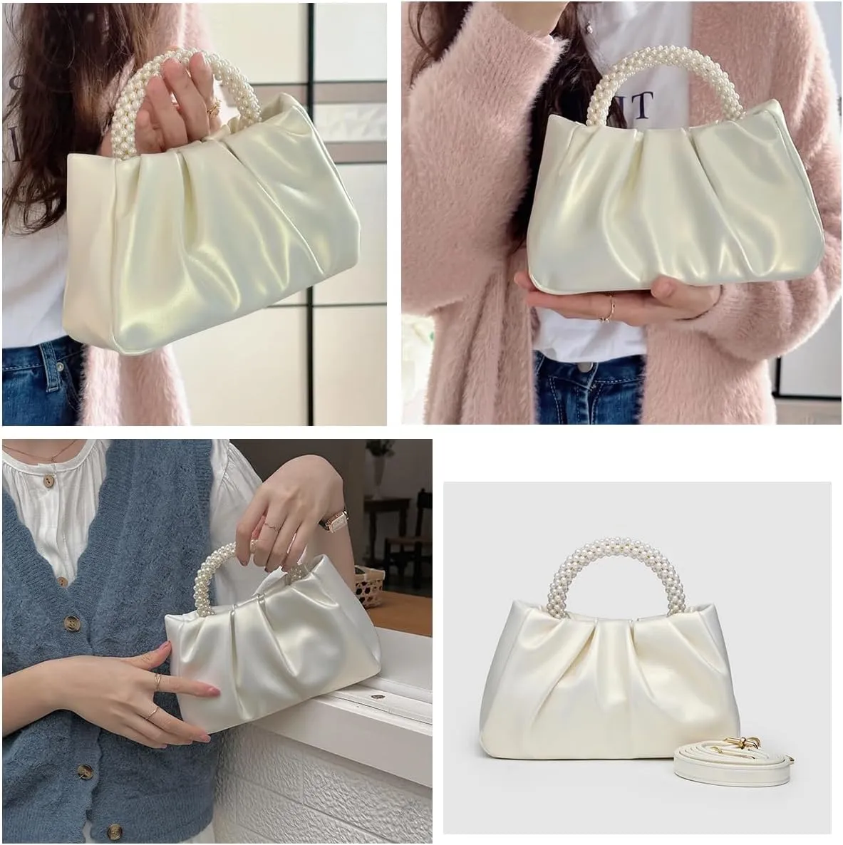 Women Evening Purse, Women Small Pearl Evening Handbags Soft Leather Ruched Clutch Crossbody Shoulder Bag for Party/Wedding