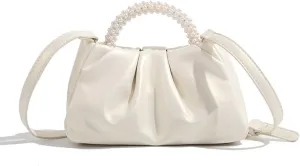 Women Evening Purse, Women Small Pearl Evening Handbags Soft Leather Ruched Clutch Crossbody Shoulder Bag for Party/Wedding