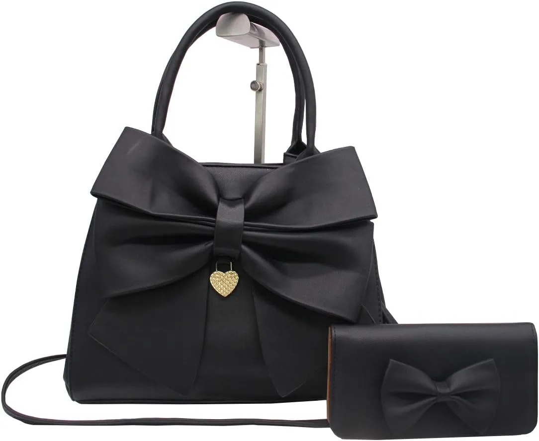 Women Handbag 2 Pcs Set Big Bow-Knot PU Leather Top Handle Bag Designer Tote Bag Clutch Wallet Set for Ladies