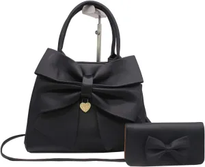 Women Handbag 2 Pcs Set Big Bow-Knot PU Leather Top Handle Bag Designer Tote Bag Clutch Wallet Set for Ladies