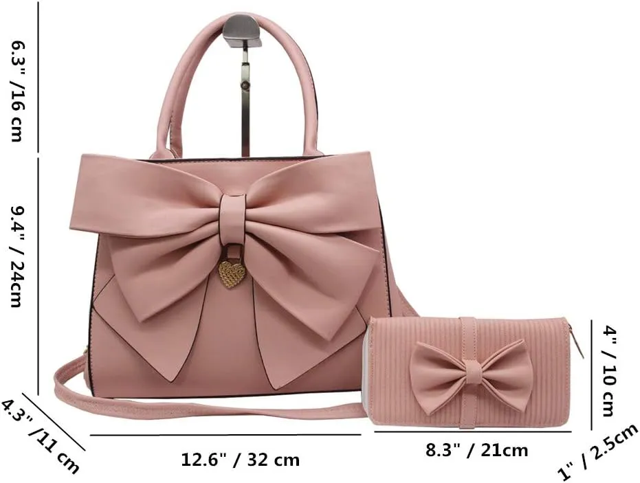 Women Handbag 2 Pcs Set Big Bow-Knot PU Leather Top Handle Bag Designer Tote Bag Clutch Wallet Set for Ladies