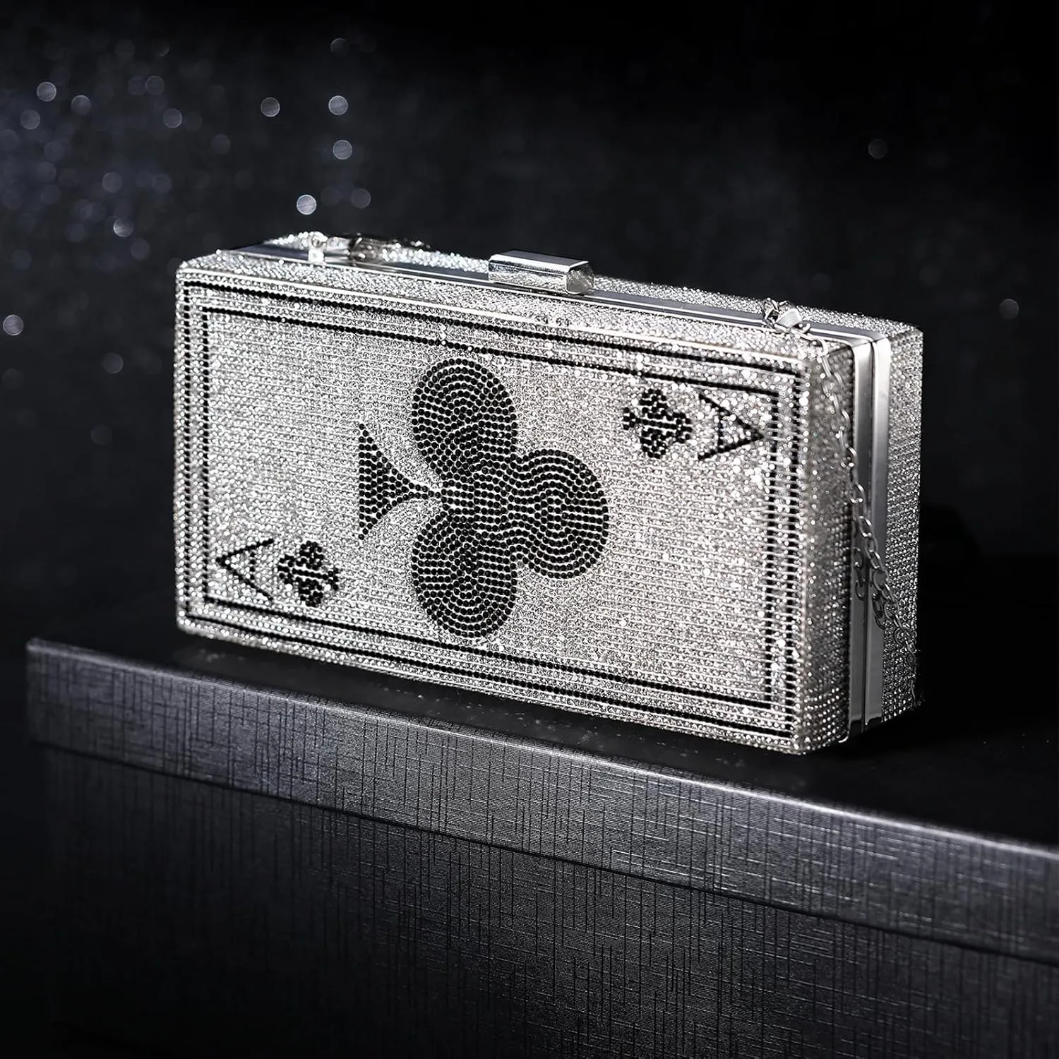 Women Poker Card Evening Clutch Rhinestone Purse Casino Vegas Novelty Purse Queen Hearts Bags Playing Cards Gift(Black,Ace of Clubs)