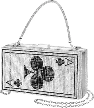 Women Poker Card Evening Clutch Rhinestone Purse Casino Vegas Novelty Purse Queen Hearts Bags Playing Cards Gift(Black,Ace of Clubs)