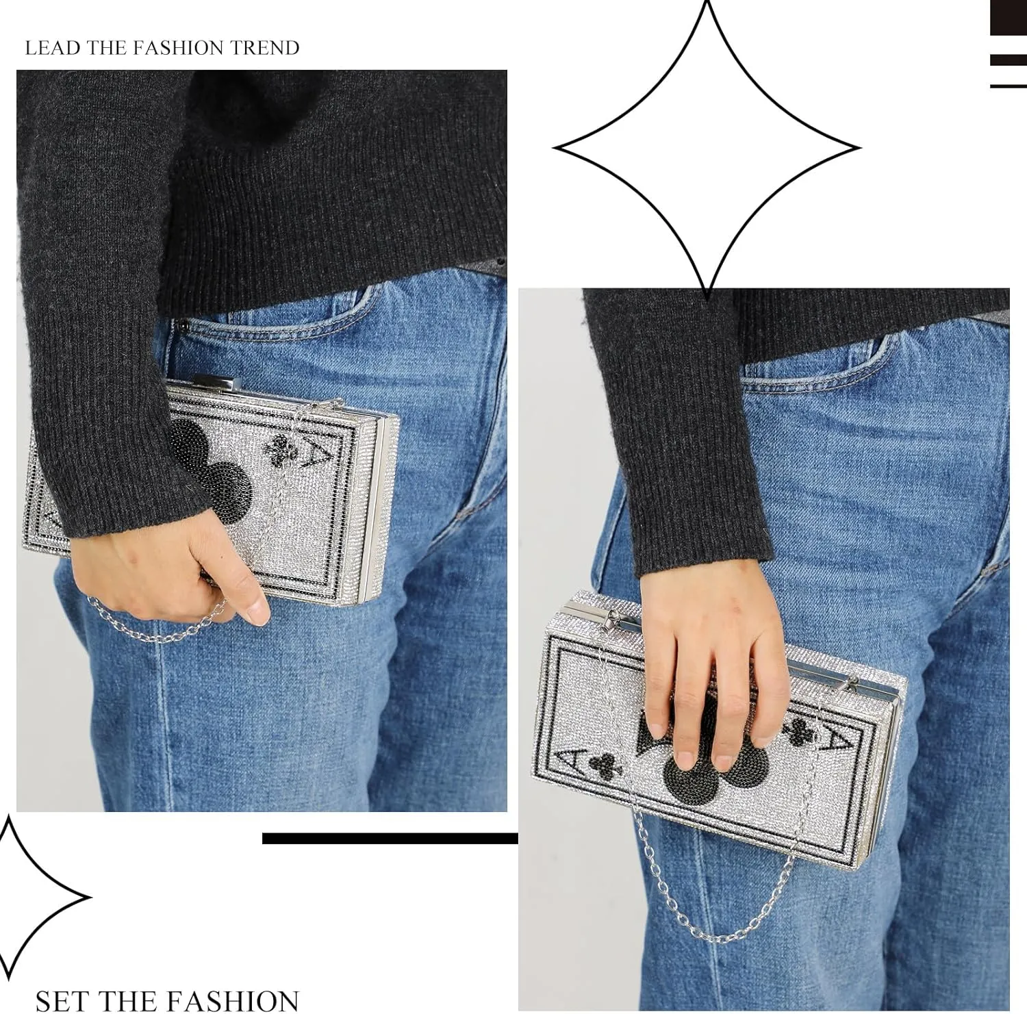 Women Poker Card Evening Clutch Rhinestone Purse Casino Vegas Novelty Purse Queen Hearts Bags Playing Cards Gift(Black,Ace of Clubs)