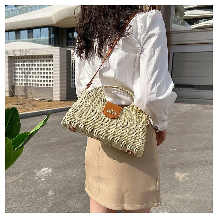 Women Straw Crossbody Bag Handwoven Rattan Tote Bags Straw Top Handle Shoulder Handbag Summer Beach Bag Clutch Purse