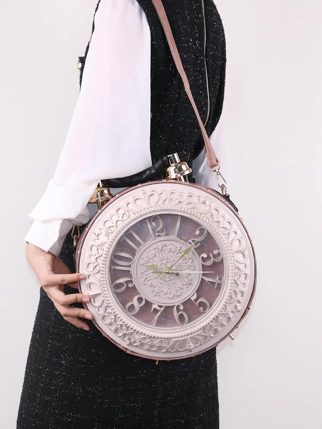 Women Vintage Clock Bag Vegan Leather Crossbody Shoulder Purse Real Clock Steampunk Retro Handbag