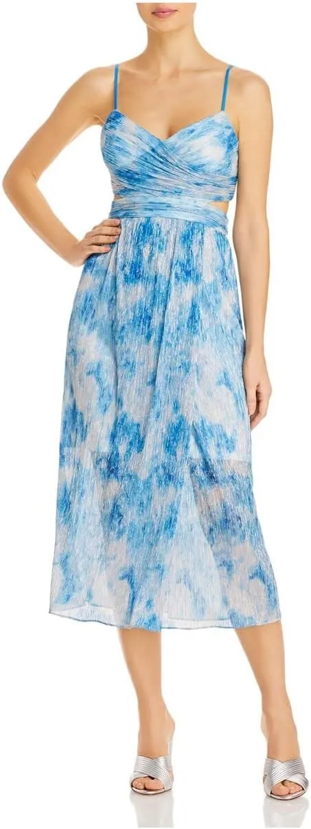 Womens Blue Zippered Pleated Metallic Cut Out Printed Spaghetti Strap Surplice Neckline Midi Party Fit   Flare Dress 6