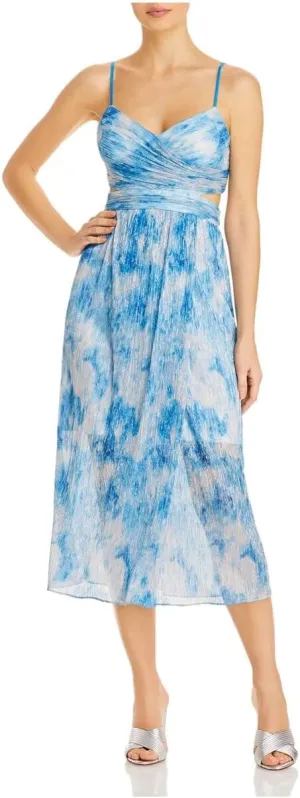 Womens Blue Zippered Pleated Metallic Cut Out Printed Spaghetti Strap Surplice Neckline Midi Party Fit   Flare Dress 6
