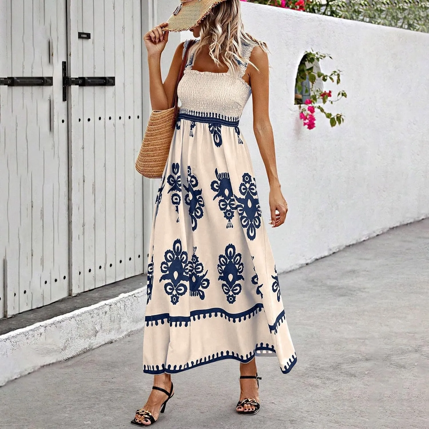 Women's Bohemian Floral Maxi Summer Sleeveless Beach Sundress with Smocked Bodice and Elegant Patterns