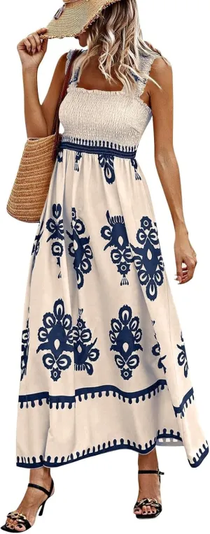 Women's Bohemian Floral Maxi Summer Sleeveless Beach Sundress with Smocked Bodice and Elegant Patterns