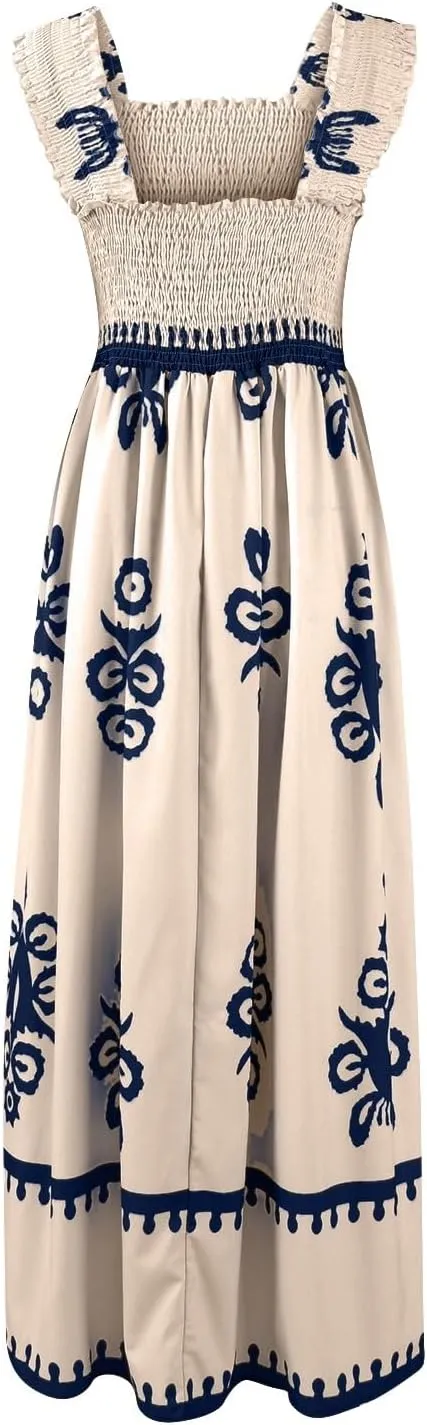 Women's Bohemian Floral Maxi Summer Sleeveless Beach Sundress with Smocked Bodice and Elegant Patterns