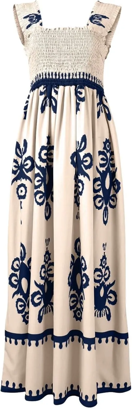Women's Bohemian Floral Maxi Summer Sleeveless Beach Sundress with Smocked Bodice and Elegant Patterns