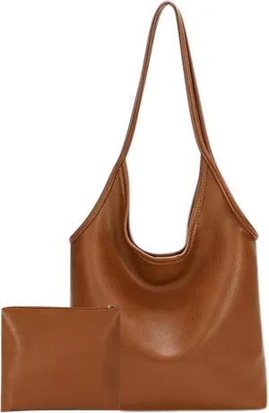 Women's Brown Large Hobo Tote Bag, Soft Vegan Crossbody Handbag with Top Handles and Shoulder Strap