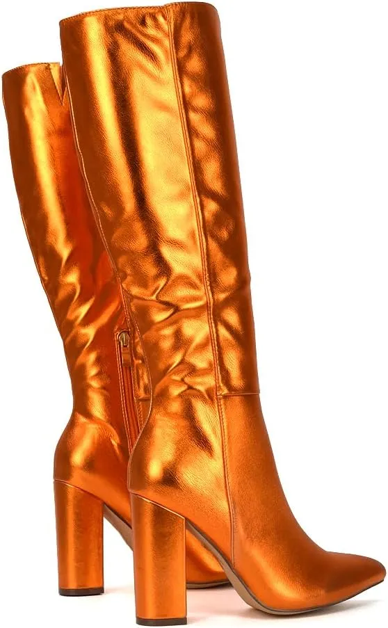 Womens Knee High Boots Ladies Block High Heel Synthetic Leather Pointed Toe Long Shoes Size