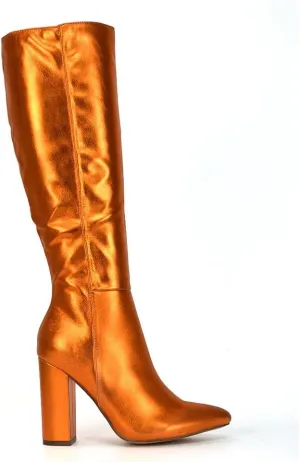 Womens Knee High Boots Ladies Block High Heel Synthetic Leather Pointed Toe Long Shoes Size