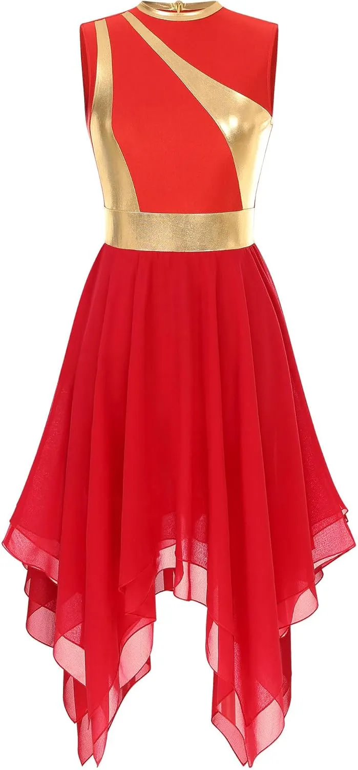 Women's Liturgical Praise Lyrical Dance Dress Sleeveless Metallic Color Block Worship Costumes