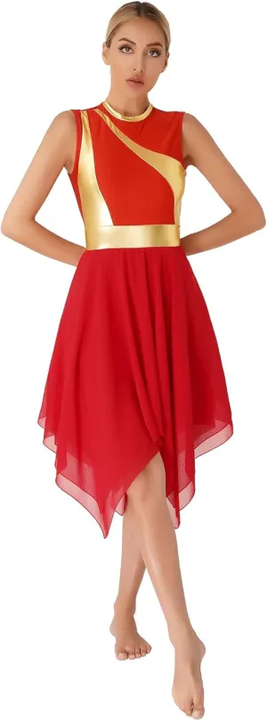Women's Liturgical Praise Lyrical Dance Dress Sleeveless Metallic Color Block Worship Costumes