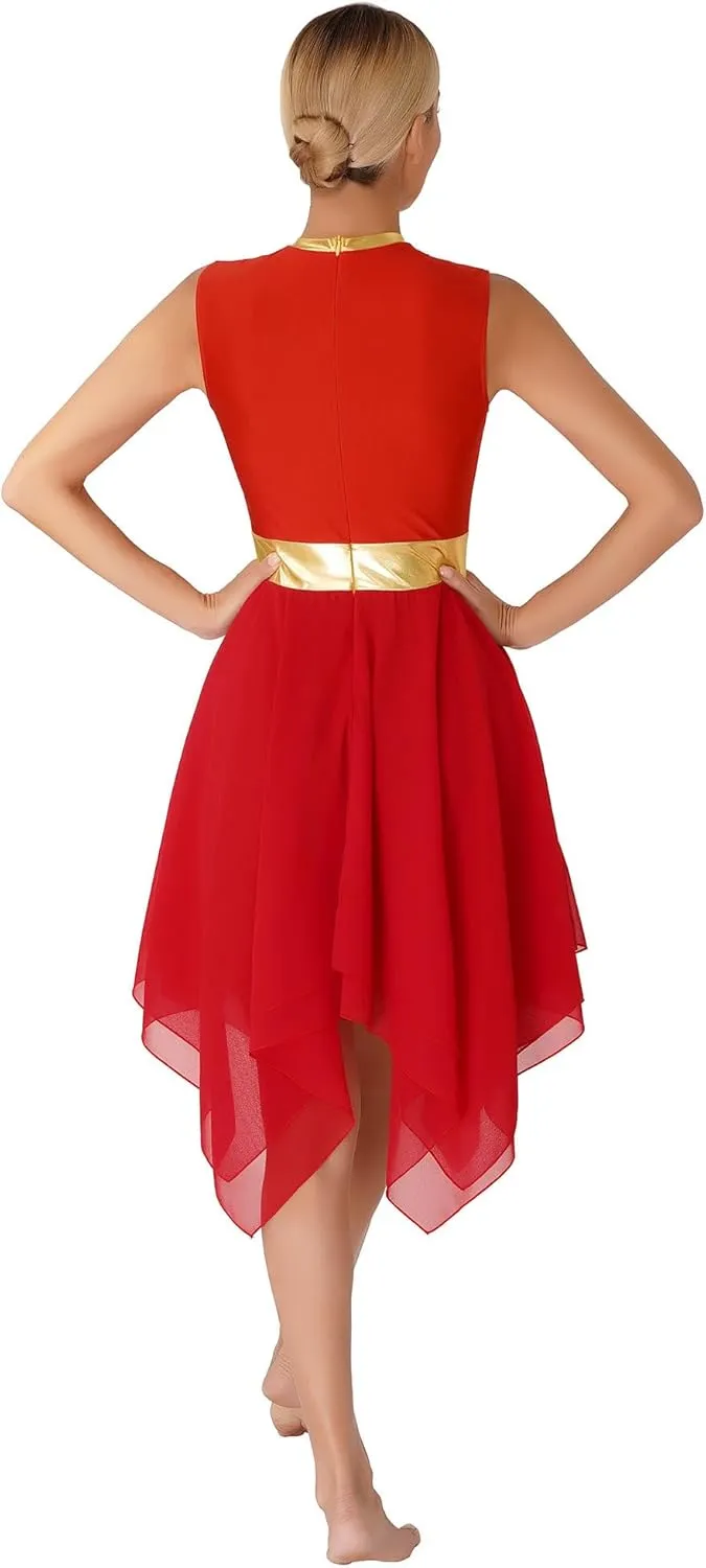Women's Liturgical Praise Lyrical Dance Dress Sleeveless Metallic Color Block Worship Costumes