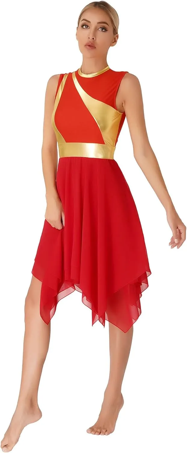 Women's Liturgical Praise Lyrical Dance Dress Sleeveless Metallic Color Block Worship Costumes