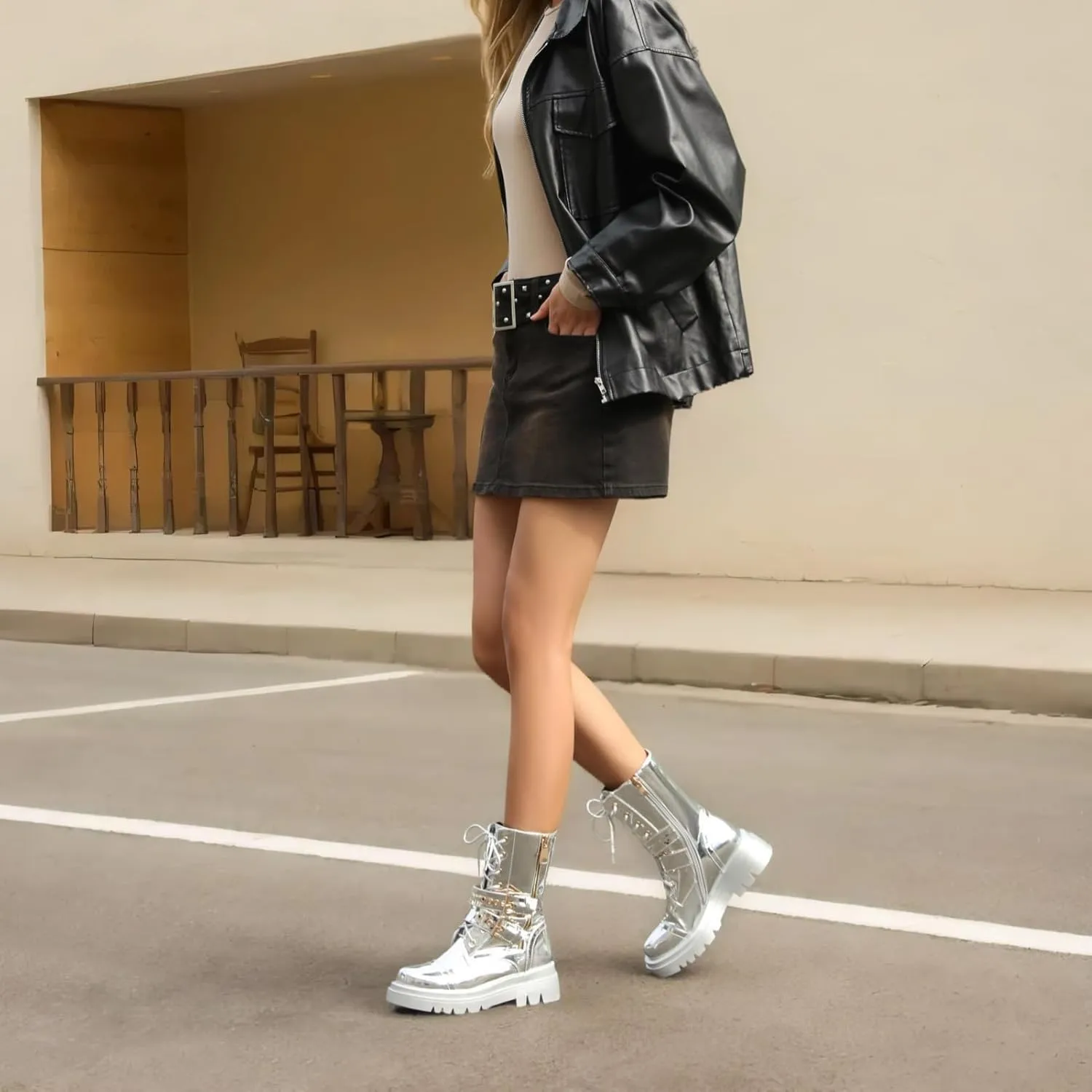 Women's Metallic Mid Calf Boots Platform Chunky Heel Silver Combat Boots Lace up Metal Buckle Zipper