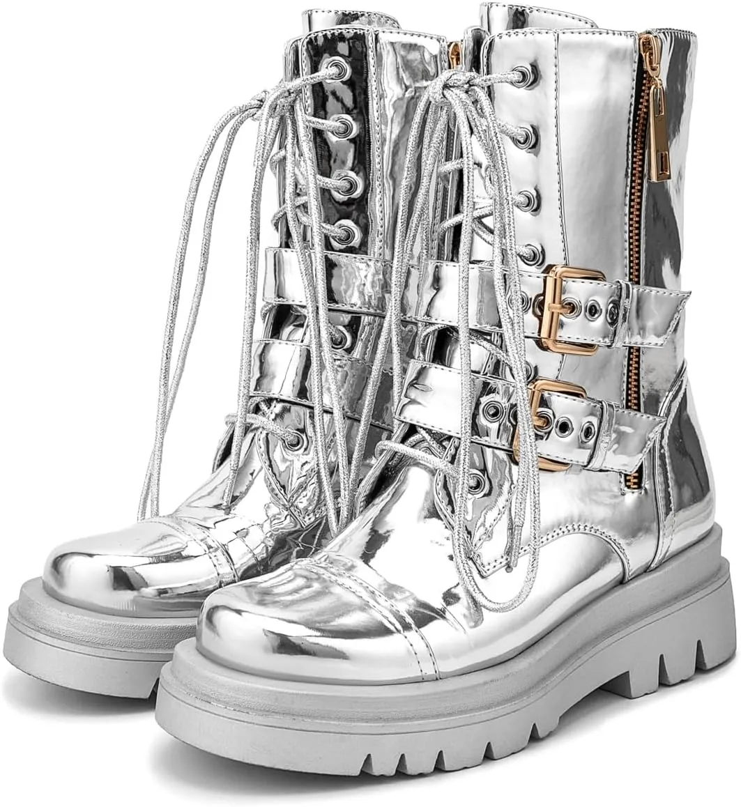 Women's Metallic Mid Calf Boots Platform Chunky Heel Silver Combat Boots Lace up Metal Buckle Zipper