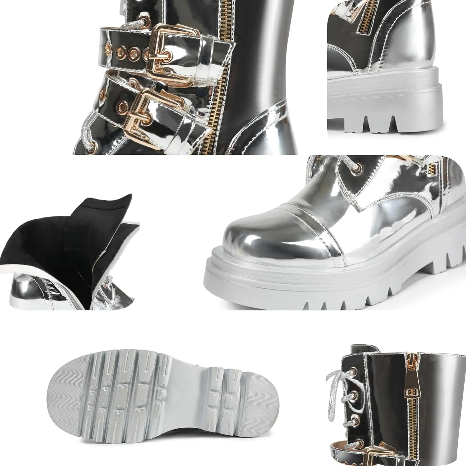 Women's Metallic Mid Calf Boots Platform Chunky Heel Silver Combat Boots Lace up Metal Buckle Zipper