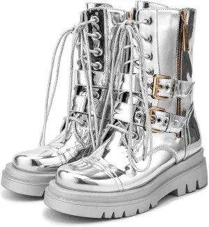 Women's Metallic Mid Calf Boots Platform Chunky Heel Silver Combat Boots Lace up Metal Buckle Zipper