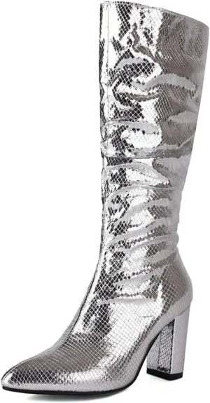 Women's Metallic Slouch Knee High Boots Block Heel Pointed Toe Faux Crocodile Long Boots