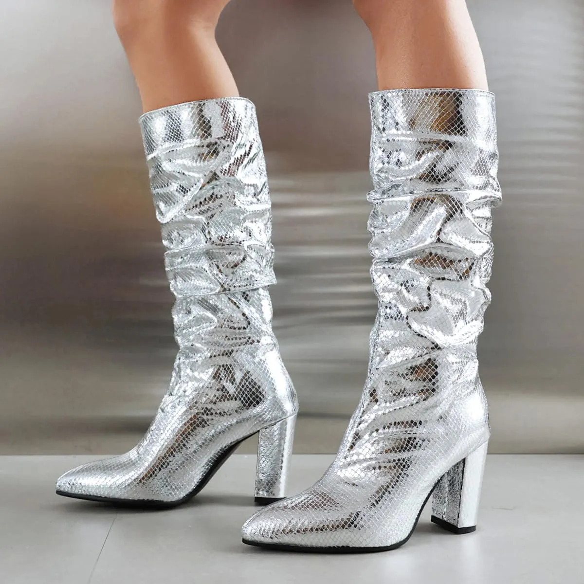 Women's Metallic Slouch Knee High Boots Block Heel Pointed Toe Faux Crocodile Long Boots