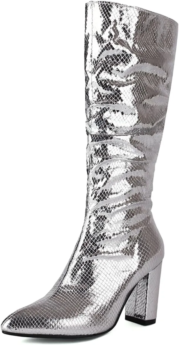 Women's Metallic Slouch Knee High Boots Block Heel Pointed Toe Faux Crocodile Long Boots