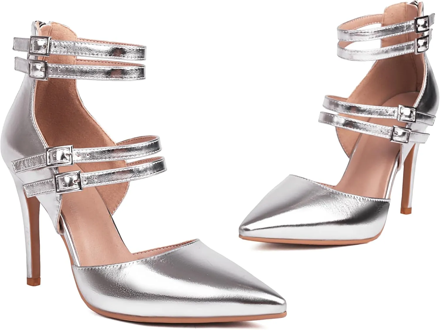 Women's Pointed Toe Heels Ankle Strap Stiletto 4" High Heels Closed Toe Pumps with Back Zipper