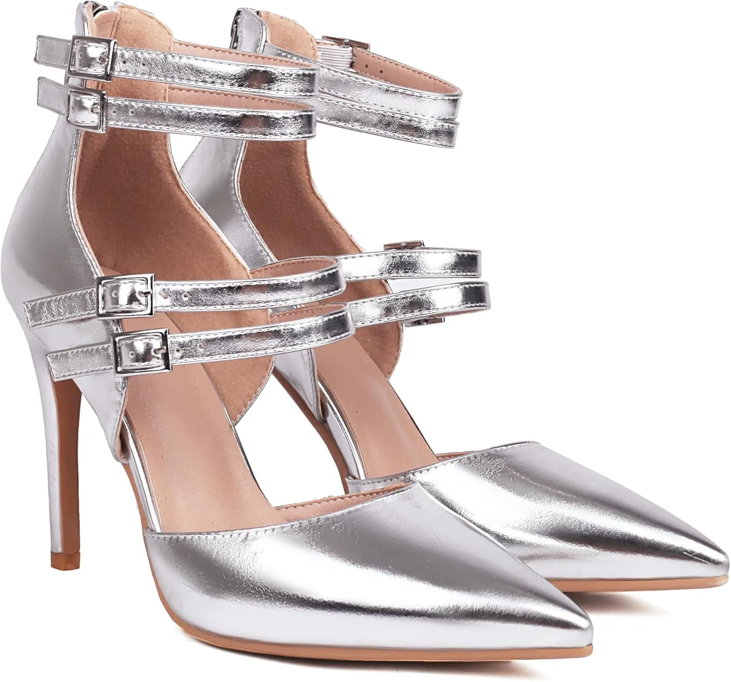 Women's Pointed Toe Heels Ankle Strap Stiletto 4" High Heels Closed Toe Pumps with Back Zipper