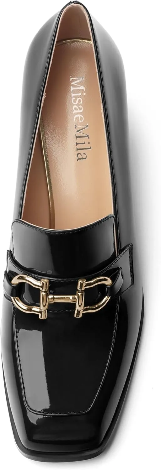 Women's Pump's, Square Toe British Style Loafers for Silver Metallic Buckle Women's Heels