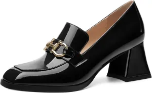 Women's Pump's, Square Toe British Style Loafers for Silver Metallic Buckle Women's Heels