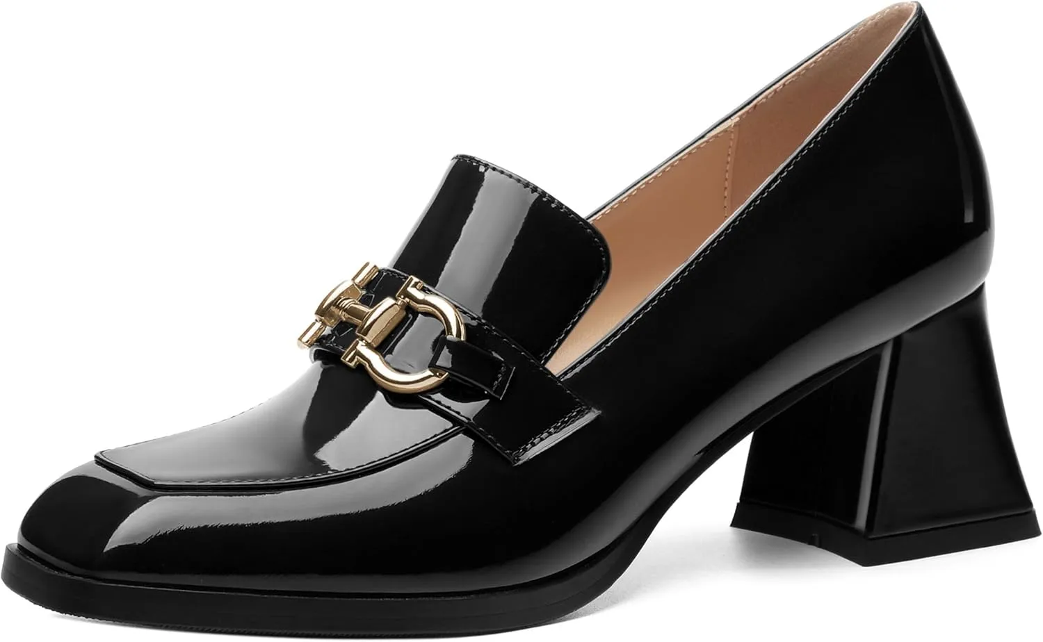 Women's Pump's, Square Toe British Style Loafers for Silver Metallic Buckle Women's Heels