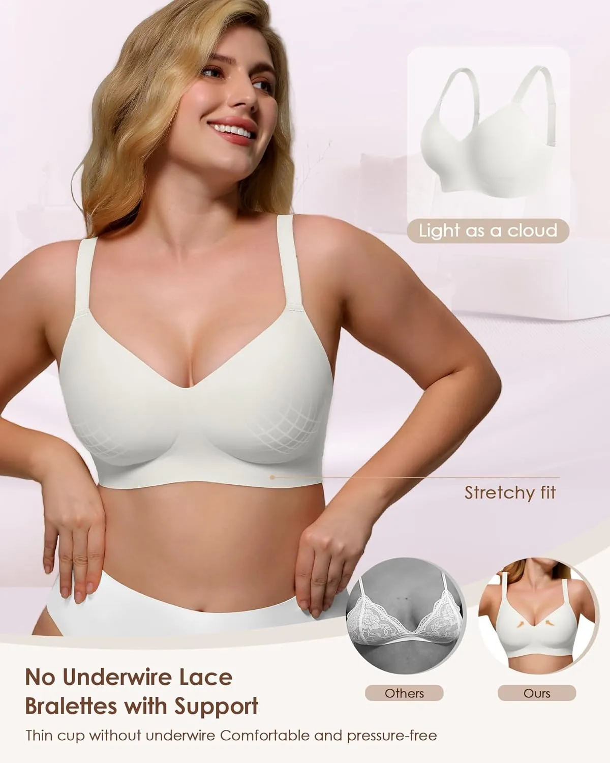 Womens Soft Comfortable No Underwire Bras V Neck Seamless Push Up Bralettes Full Coverage Tshirt Brassiere
