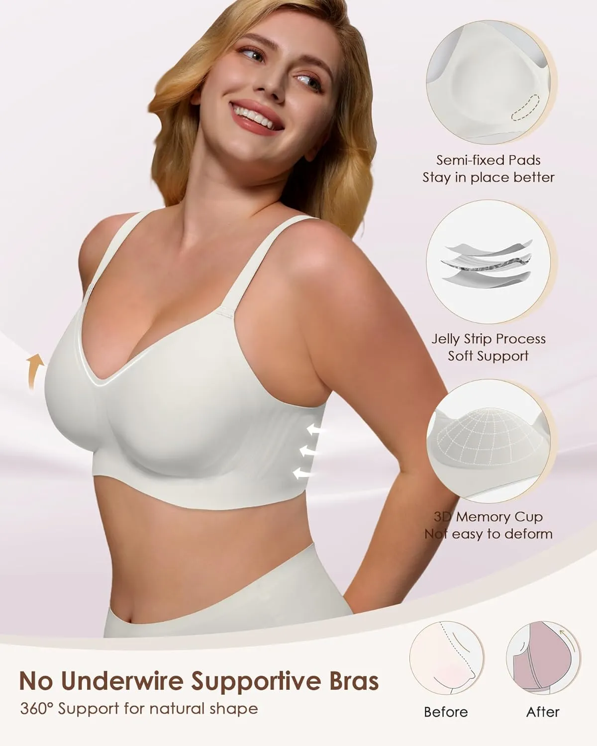Womens Soft Comfortable No Underwire Bras V Neck Seamless Push Up Bralettes Full Coverage Tshirt Brassiere