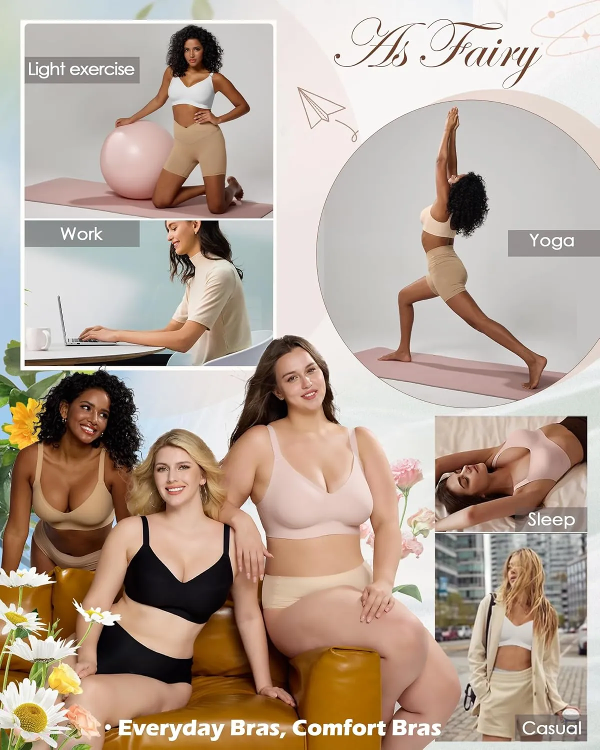 Womens Soft Comfortable No Underwire Bras V Neck Seamless Push Up Bralettes Full Coverage Tshirt Brassiere