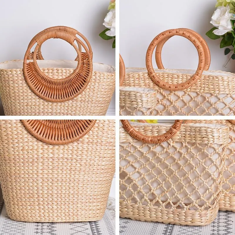Women's Straw Shoulder Bag Women Large Woven Bag Round Handle Ring Tote Purse Retro Handbags Summer Travel Beach Handbag Hand Woven Straw Large Hobo Bag Big Capacity Handmade Bag for Girls Women D