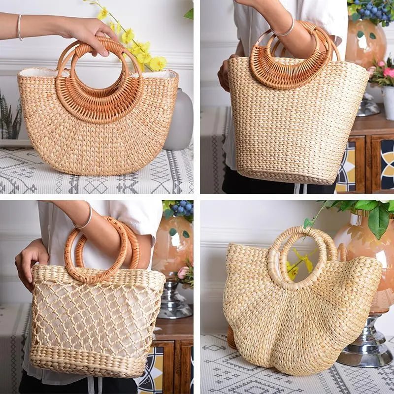 Women's Straw Shoulder Bag Women Large Woven Bag Round Handle Ring Tote Purse Retro Handbags Summer Travel Beach Handbag Hand Woven Straw Large Hobo Bag Big Capacity Handmade Bag for Girls Women D