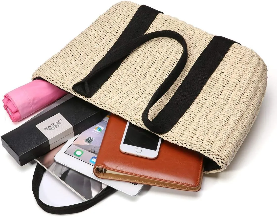 Womens Straw Tote Bag Handbag Large Woven Capacity Top Handle Bag Summer Stylish Straw Basket Bag