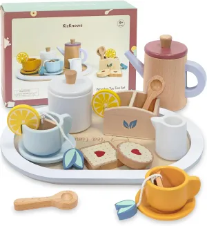 Wooden Toy Tea Set for Little Girls, Toddler Tea Party Set Kids Pretend Play Kitchen Accessories with Play Food Gift for Girls Boys 3 Years and up