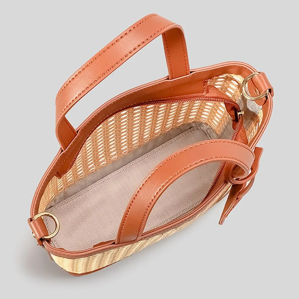 Woven Rattan Bag for Women Perforated PU Leather Bucket Bag Summer Top-handle Drawstring Handbag Purses