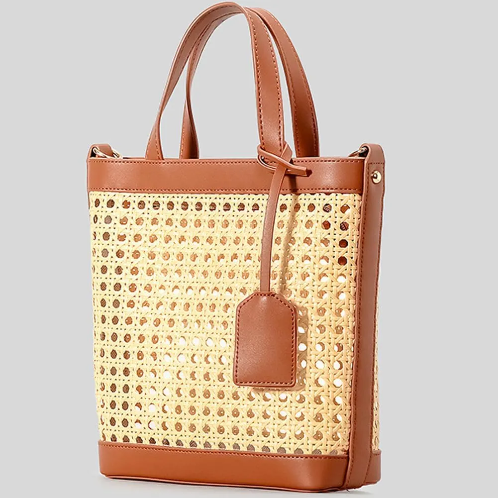 Woven Rattan Bag for Women Perforated PU Leather Bucket Bag Summer Top-handle Drawstring Handbag Purses