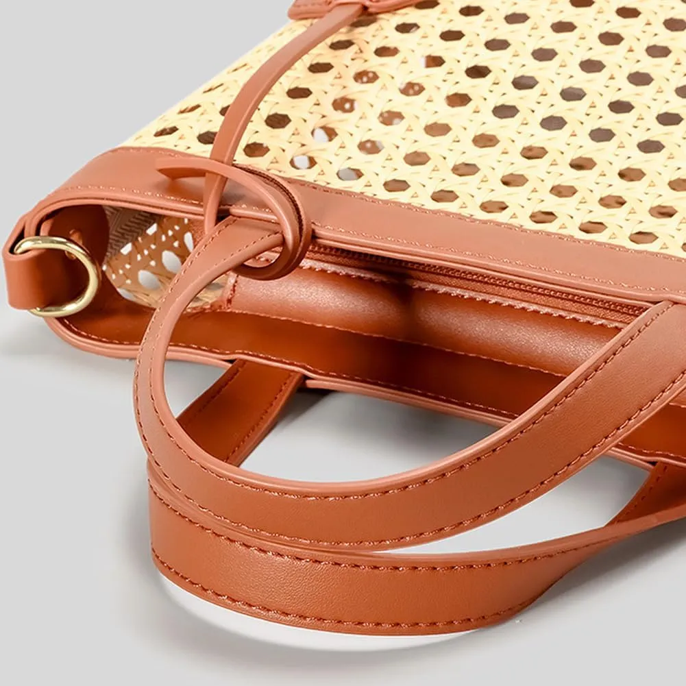 Woven Rattan Bag for Women Perforated PU Leather Bucket Bag Summer Top-handle Drawstring Handbag Purses